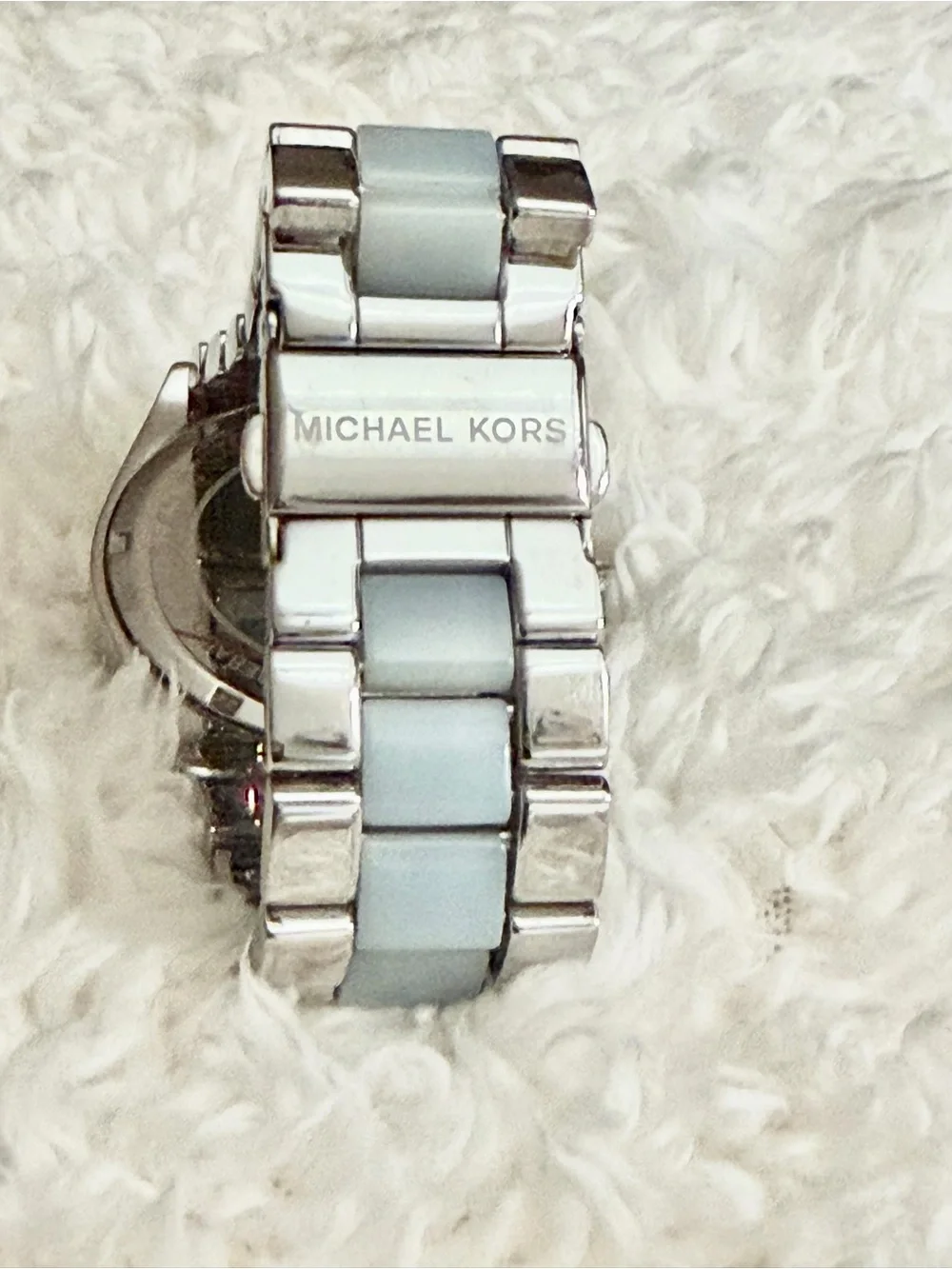 Michael Kors Silver Watch With Blue Center Stripe / Roman Numeral Face